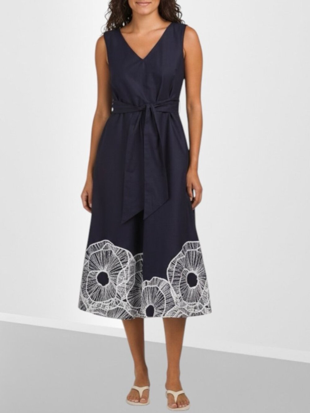 ANNE KLEIN Vanessa Border Print Sleeveless Midi Dress With Attached Sash Size 12 - Picture 2 of 6